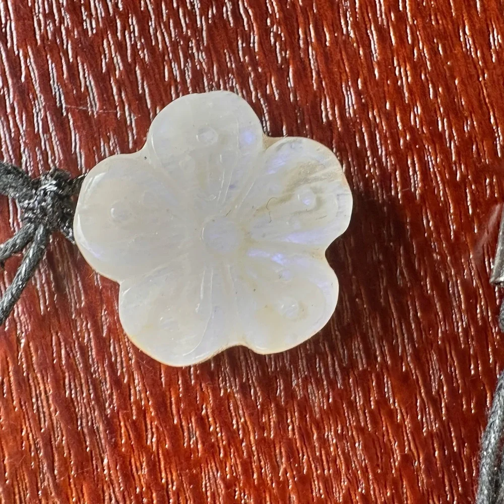 Small Moonstone Flower Pendant Necklace on Black Rope, Subtle Blue Flash - Picture 5 of 15